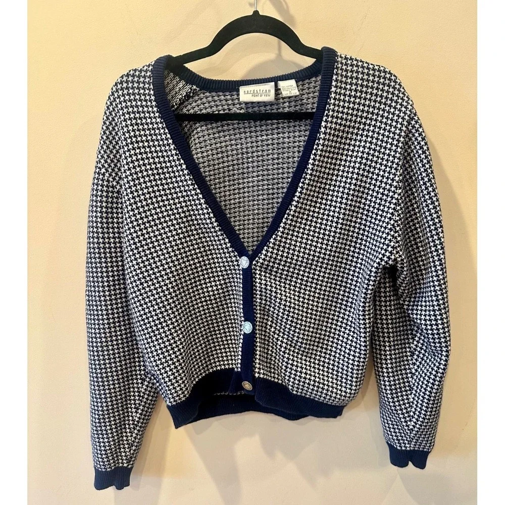 Vtg Nordstrom Point of View Navy Houndstooth‎ Cardigan Sweater Sz M 100% Cotton
